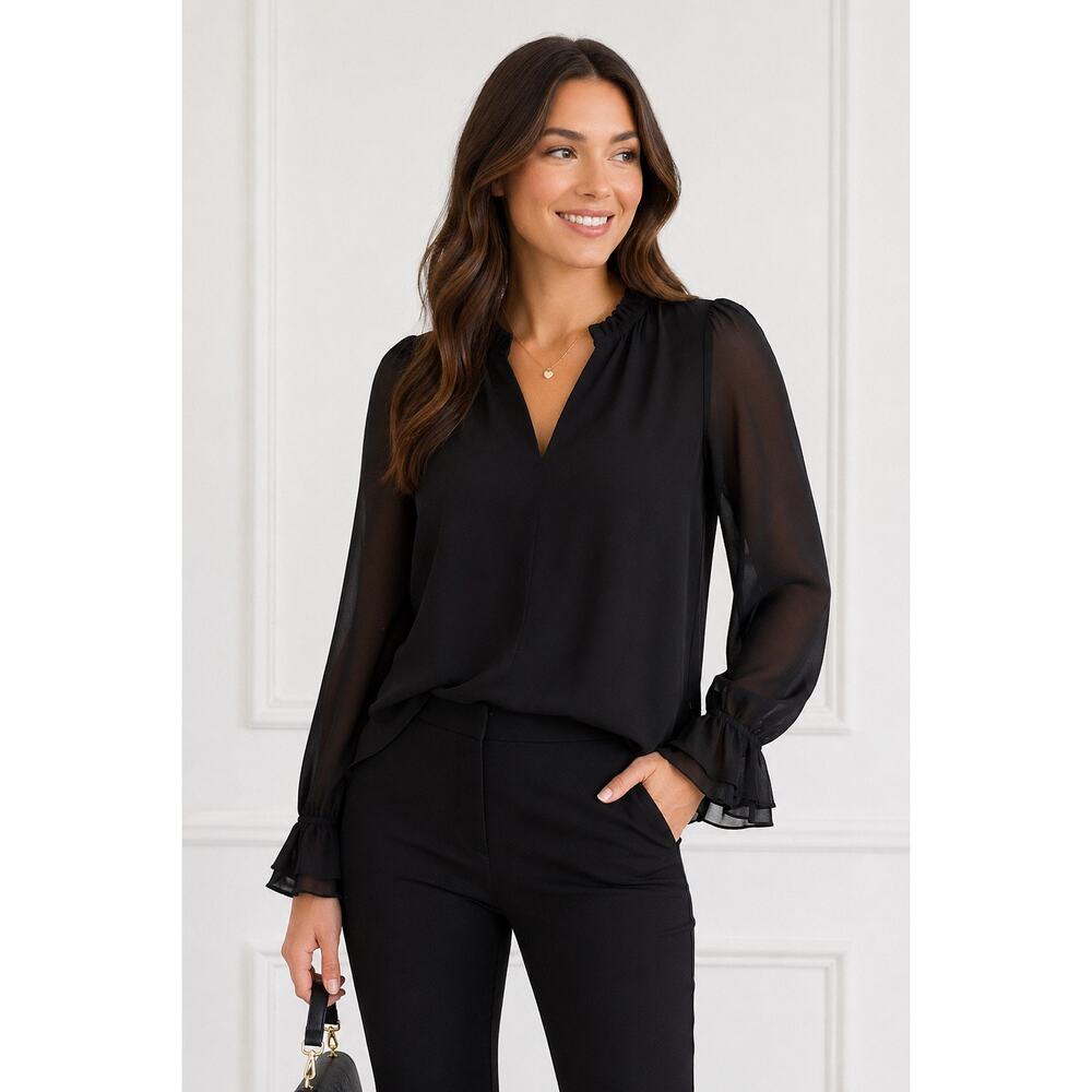 Pomander Place Black Sheer Chiffon Blouse Womens Small Ruffle Cuff Long Sleeve